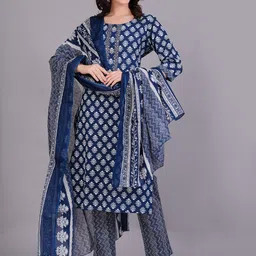 JAIPURI COLLECTION Ethnic Motifs Printed Sequined Pure Cotton Kurta With Trouser & Dupatta-16