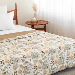HOMEMONDE White & Beige Floral Pure Cotton AC Room 150 GSM Reversible Single Bed Dohar-image-15
