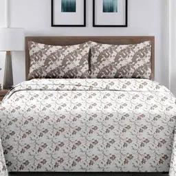 Ariana Brown & White Floral 210 TC King Bedsheet with 2 Pillow Covers-image-80
