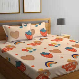 FABINALIV Peach-Coloured & Red Printed 300 TC Fitted King Bedsheet & 2 Pillow Covers-21