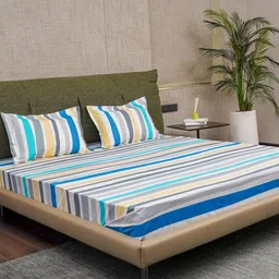URBAN SPACE Blue & White Striped Cotton 200 TC King Bedsheet With 2 Pillow Covers-image-27