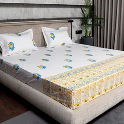 URBAN SPACE Yellow  White Ethnic Motif Cotton 200 TC King Bedsheet With 2 Pillow Covers-image-39