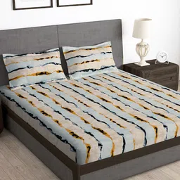 Story@home Cream & Brown Striped 180 TC Queen Bedsheet with 2 Pillow Covers-14