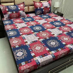 Pure Decor Amulya Red & Blue 230 TC Ethnicmotifs Queen Bedsheet with 2 Pillow Covers-45