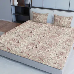 Sangria White Printed Cotton 200 TC Fitted Double King Bedsheet With 2 Pillow Covers-picture-0