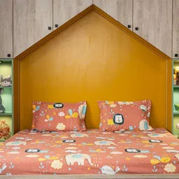 URBAN SPACE Orange Cartoon Characters 200 TC Cotton Single Bedsheet & 1 Pillow Cover-image-18
