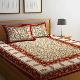 Rajasthan Decor Off-White & Red Floral Flat 144 TC Cotton 1 King Bedsheet with 2 Pillow Covers-image-70