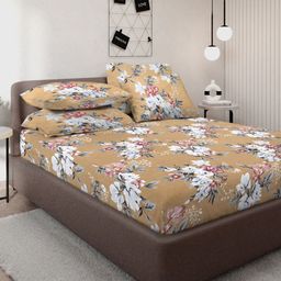 KLOTTHE Brown & White Floral Printed 300 TC Fitted Double King Bedsheet & 4 Pillow Cover-image-11