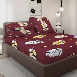 KLOTTHE Maroon & Blue Floral Printed 300 TC Fitted Double King Bedsheet & 4 Pillow Cover-image-36