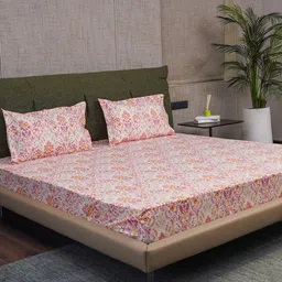 URBAN SPACE Peach-Coloured Cotton 200 TC King Bedsheet With 2 Pillow Covers-image-49