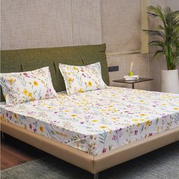 URBAN SPACE White & Yellow Floral Cotton 200 TC Queen Bedsheet with 2 Pillow Covers-image-18