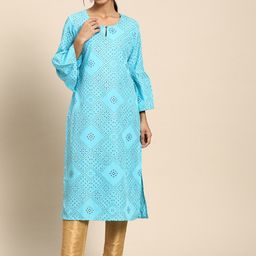 Sangria Women Blue & Golden Ethnic Motifs Printed Keyhole Neck Bell Sleeves Kurta-image-16