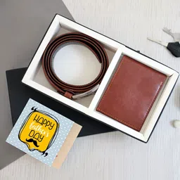TIED RIBBONS Brown & Yellow Father's Day Gift Leather Wallet and Belt with Card Hamper-image-91