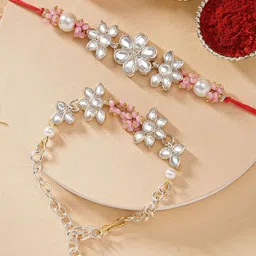 KARATCART Set of 2 Gold Plated Crystal Handmade Kundan Bhaiya Bhabhi Rakhi Combo-image-14