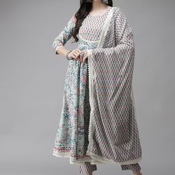 Cayman Women Green Ethnic Motifs Printed Empire Pure Cotton Kurta with Trousers & With Dupatta-image-110