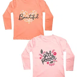 Mojua Girls Peach-Coloured & Pink Floral 2 Printed Pure Cotton Bio Finish T-shirt-image-70