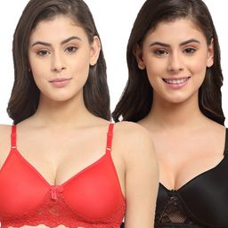 Friskers Pack of 2 Black & Red Lightly Padded Non-Wired Bra-image-21