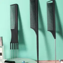 FEELHIGH Set Of Metal Prong Carbon Comb + Salon Teasing Comb + Rat Tail Comb - Black-6
