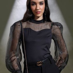 Tokyo Talkies Black High Neck Cuffed Sleeves Top-image-99