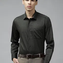 Blackberrys Men Olive Green & Off-White Pure Cotton Slim Fit Ditsy Print Formal Shirt-image-72