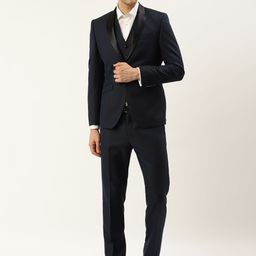 Blackberrys Men Navy Blue Slim Fit Solid Single-Breasted Three-Piece Partywear Tuxedo-picture-39