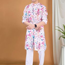 SHIWAM ETHNIX Floral Printed Band Collar Roll Up Sleeves Pastels Straight Kurta-image-11