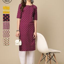 7Threads Women Multicoloured Pack Of 6 Geometric Printed Block Print Crepe Kurta-image-24