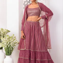 Indya Luxe Embroidered Sequinned Ready to Wear Tiered Lehenga Choli With Dupatta-picture-1