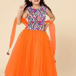 A T U N Girls Orange & Navy Blue Printed Ready to Wear Lehenga Choli With Dupatta-image-84