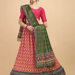Mitera Pink & Green Printed Semi-Stitched Lehenga & Unstitched Blouse With Dupatta-image-96
