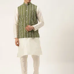 SOJANYA Men Off White & Olive Green Thread Work Kurta with Churidar And Nehru Jacket-picture-49