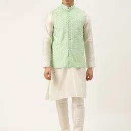 SOJANYA Men Off White & Lime Green Thread Work Kurta with Churidar And Nehru Jacket-picture-35