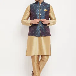 VASTRAMAY Men Straight Zari Detail Kurta with Pyjamas & Nehru Jacket-54