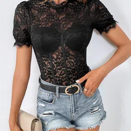 StyleCast Black Self-Design Puff Sleeves Bodysuit-picture-11