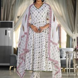 Vishudh White Ethnic Motifs Printed Regular Pure Cotton Kurta with Trousers & With Dupatta-picture-6