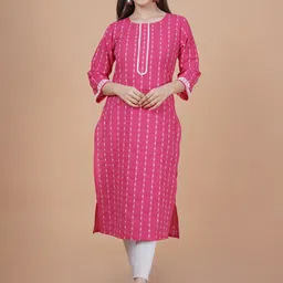 INDIANIC Round Neck Ethnic Motifs Printed Gotta Patti Cotton Straight Kurta-image-77