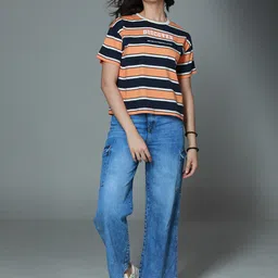 High Star Striped Round Neck Drop-Shoulder Sleeves Cotton Boxy T-shirt-image-37