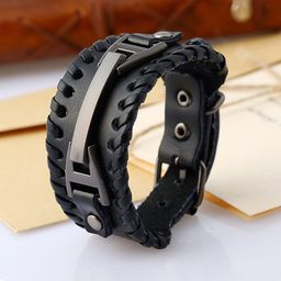 Yellow Chimes Men Black Adjustable Braided Rope Alloy Leather Bracelet-20