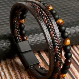 Fashion Frill Men Brown & Yellow Leather Wraparound Bracelet-53