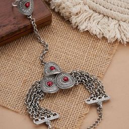 TEEJH Tejal Mehroon Hathphool Oxidised Silver-Plated Ring Bracelet-picture-3