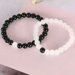 NVR Unisex Set of 2 White & Black Marble Crystal Beaded Elasticated Bracelet-image-31