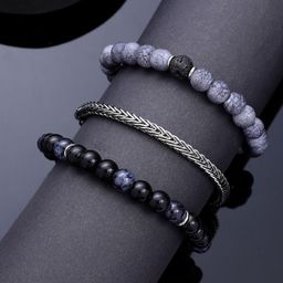 AQUATAN Men Set of 3 Rhodium-Plated Chain Glass Beaded Elasticated Bracelets-image-20