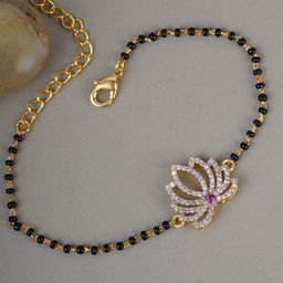 Voylla Gold-Plated & Black American Diamond CZ Silver Studded Mangalsutra Bracelet-image-11