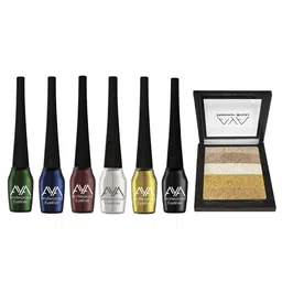 AYA Women Set Of 6 Waterproof Liquid Eyeliner 5 ml Each & Shimmer Brick Highlighter 03-10