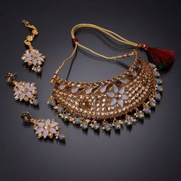 ANIKAS CREATION Gold-Plated & Grey Kundan-Studded Enamelled Bridal Look Choker Jewellery Set-43