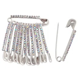 VAMA Set Of 12 Silver-Plated & Rhinestone Studded Saree Safety Pin-6