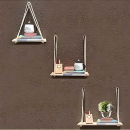 VAH Kya Bat Hai !! Brown & White 3 Pieces Wooden Wall Hanging Shelves With Rope-45