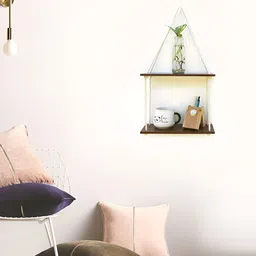 VAH Kya Bat Hai !! White & Brown 2 Layer Wooden Floating Wall Shelves With Jute Rope-31