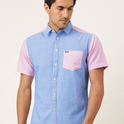 The Indian Garage Co Men Blue & Pink Slim Fit Colourblocked Casual Shirt-image-98