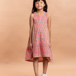 Sangria Girls Pink & Blue Ethnic Motifs Printed Pure Cotton A-line Dress-image-90
